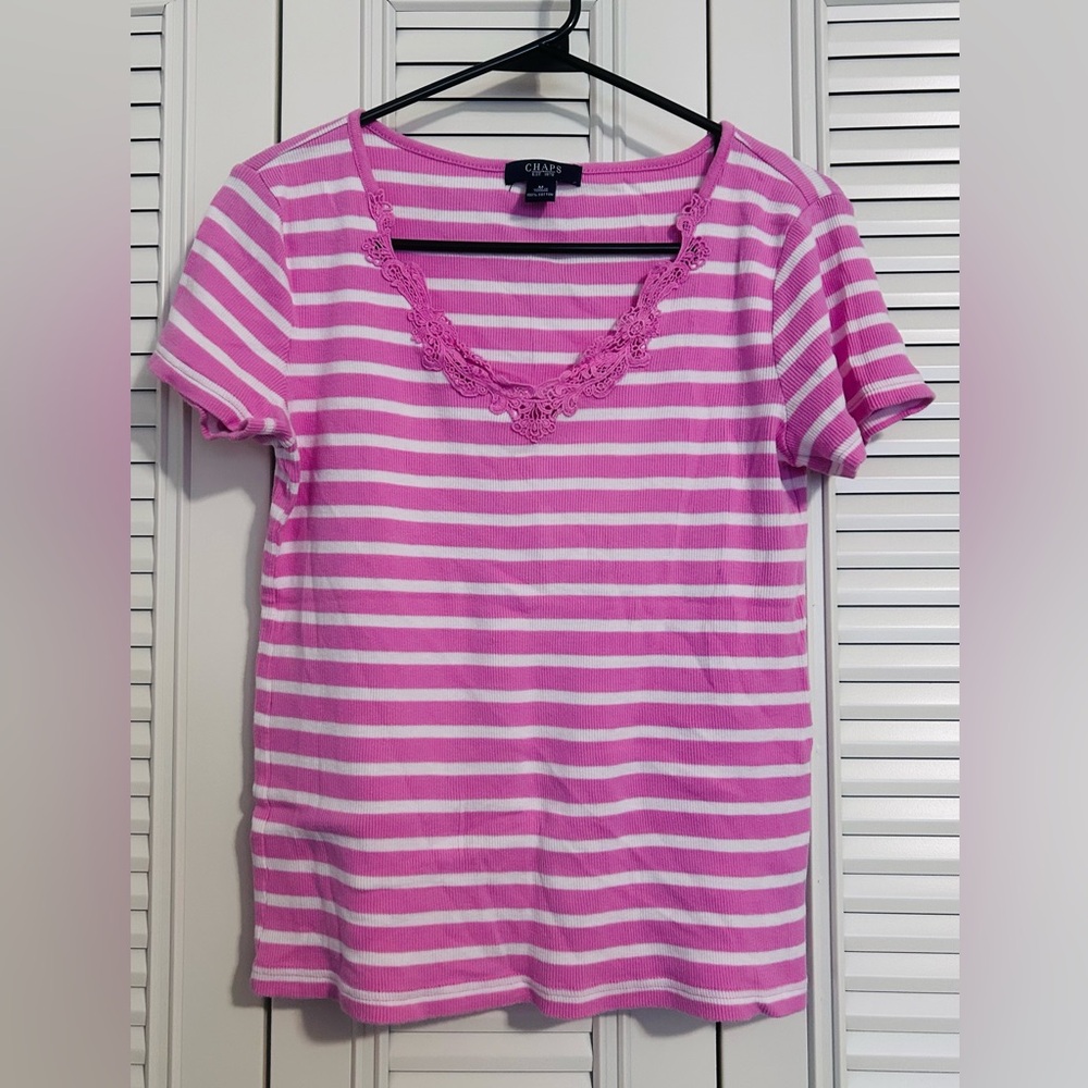 Chaps Women's Pink and White Striped Tee Size M